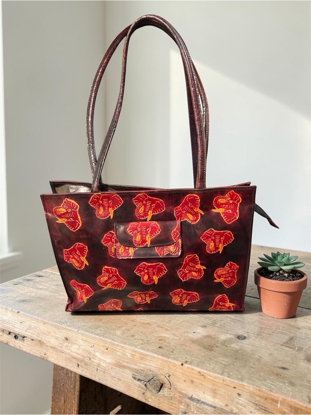 Large Vintage Leather Elephant Safari Print Bag